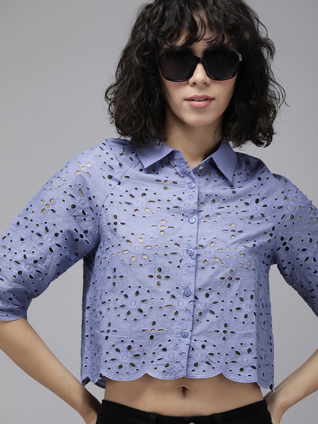 

Roadster Women Self Design Schiffli Casual Shirt, Blue