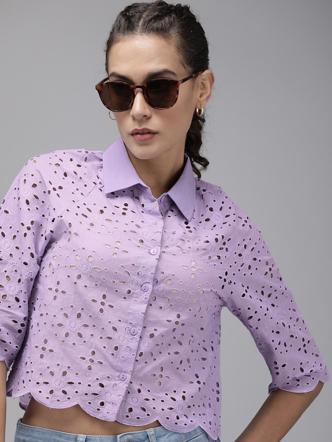 

Roadster Women Self Design Schiffli Casual Shirt, Lavender