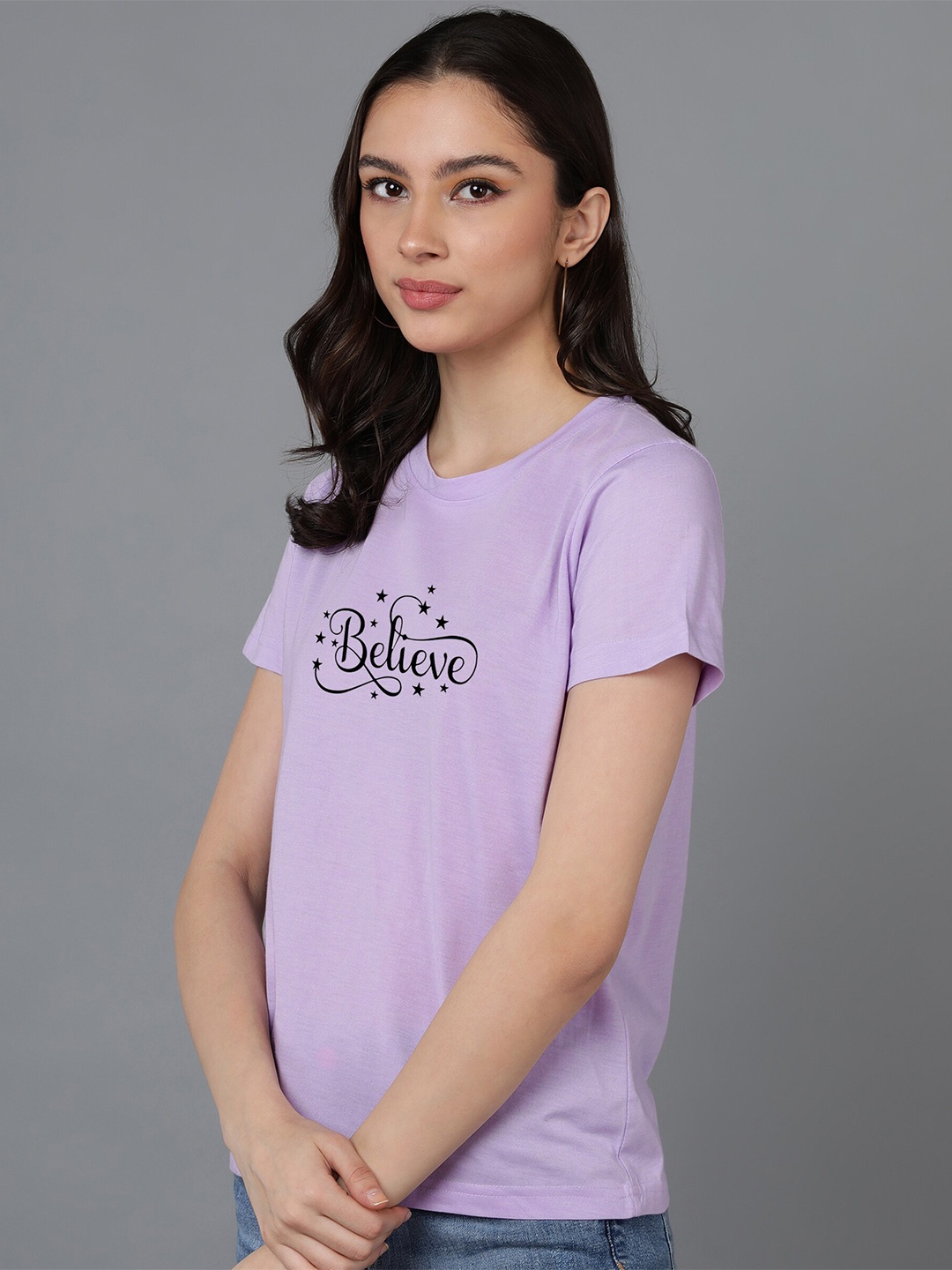 

Adyavastram Typography Printed Round Neck Regular Fit Cotton T-shirt, Lavender