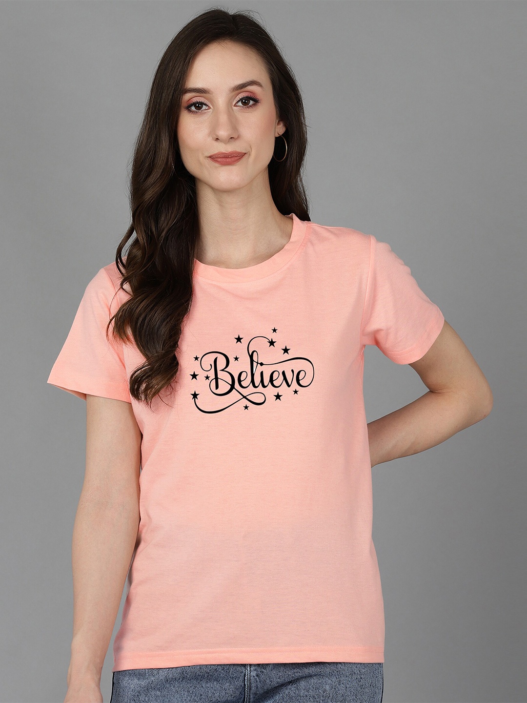 

Adyavastram Typography Printed Round Neck Regular Fit Cotton T-shirt, Peach