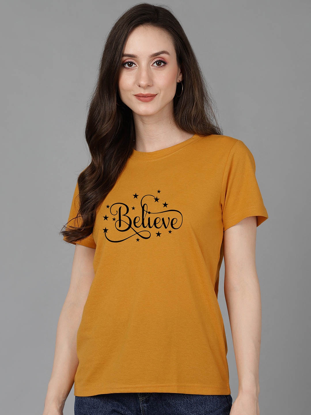 

Adyavastram Typography Printed Round Neck Cotton T-shirt, Mustard