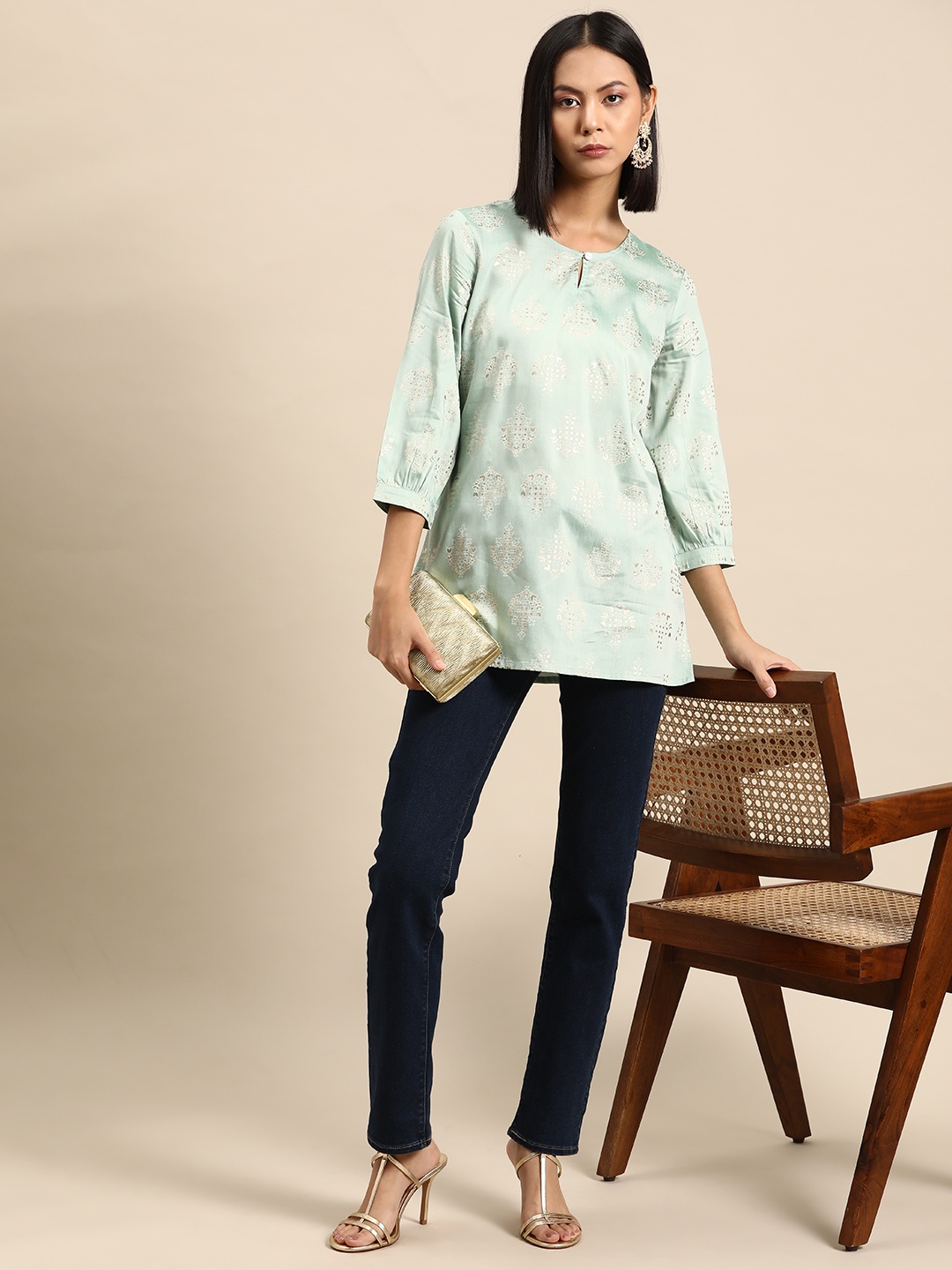 

all about you Floral Printed Keyhole Neck Kurti, Sea green