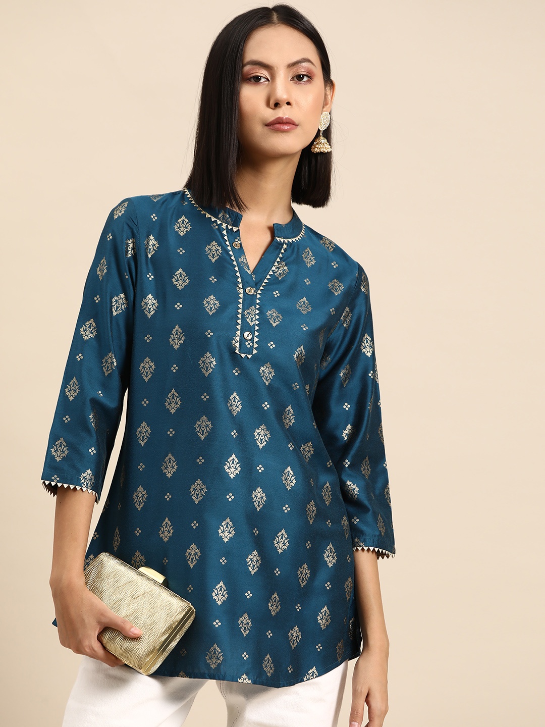

all about you Ethnic Motifs Printed Mandarin Collar Gotta Patti Kurti, Navy blue