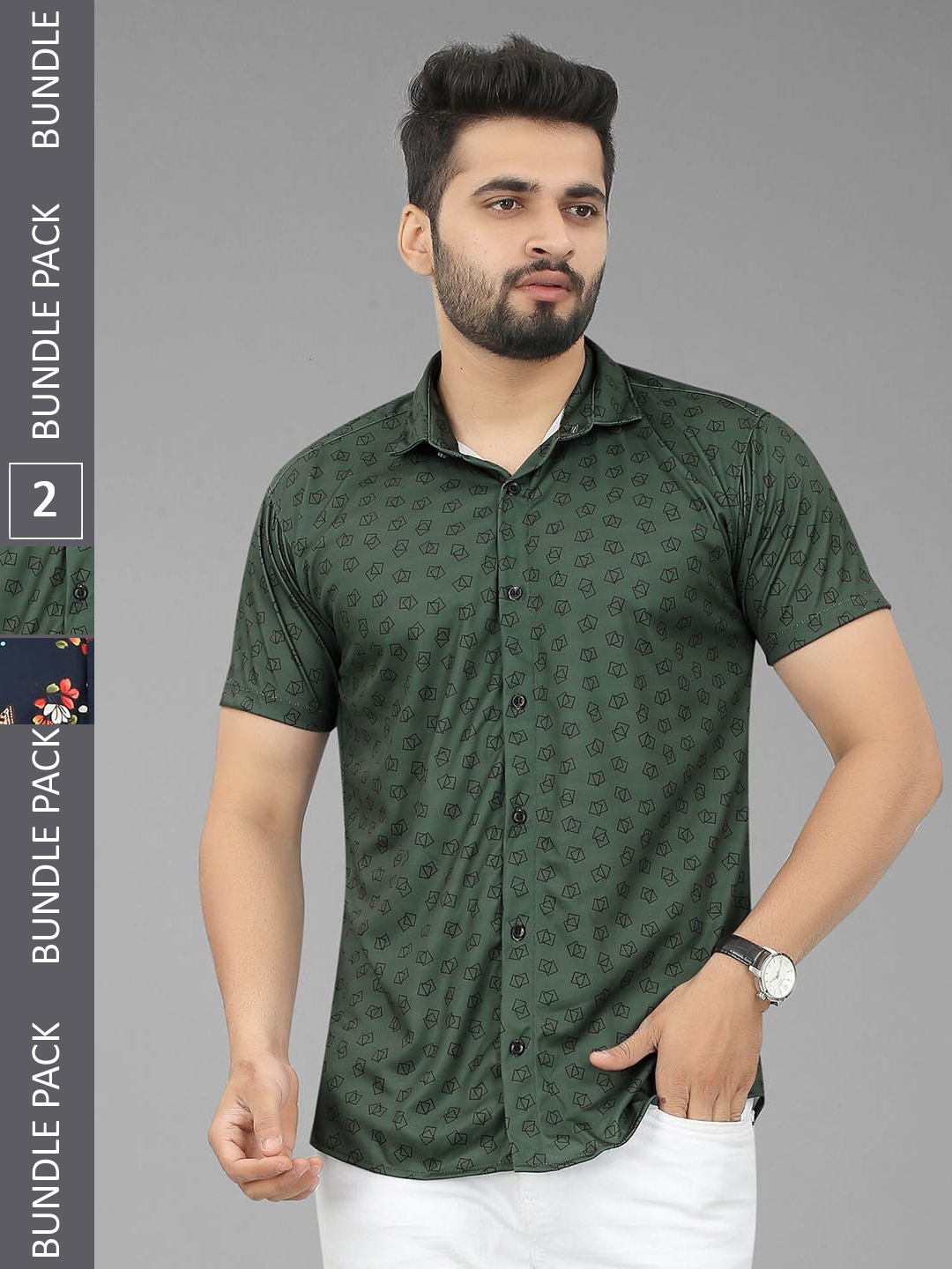 

N N ENTERPRISE Pack Of 2 Conversational Printed Slim Fit Casual Shirt, Olive