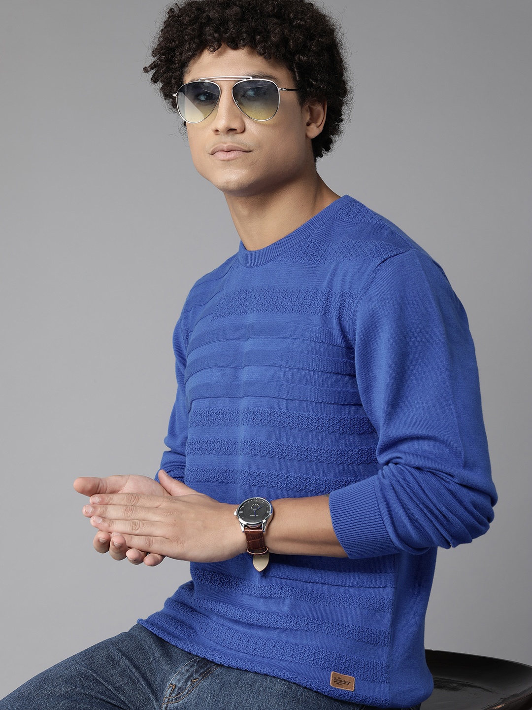 

Roadster Men Striped Cotton Pullover, Blue