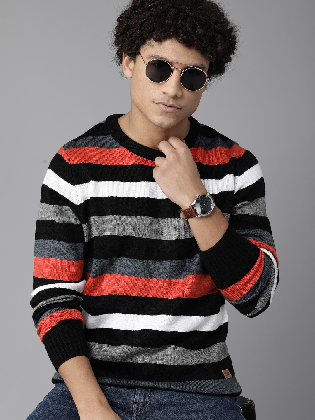 

Roadster Men Striped Pullover, Grey melange