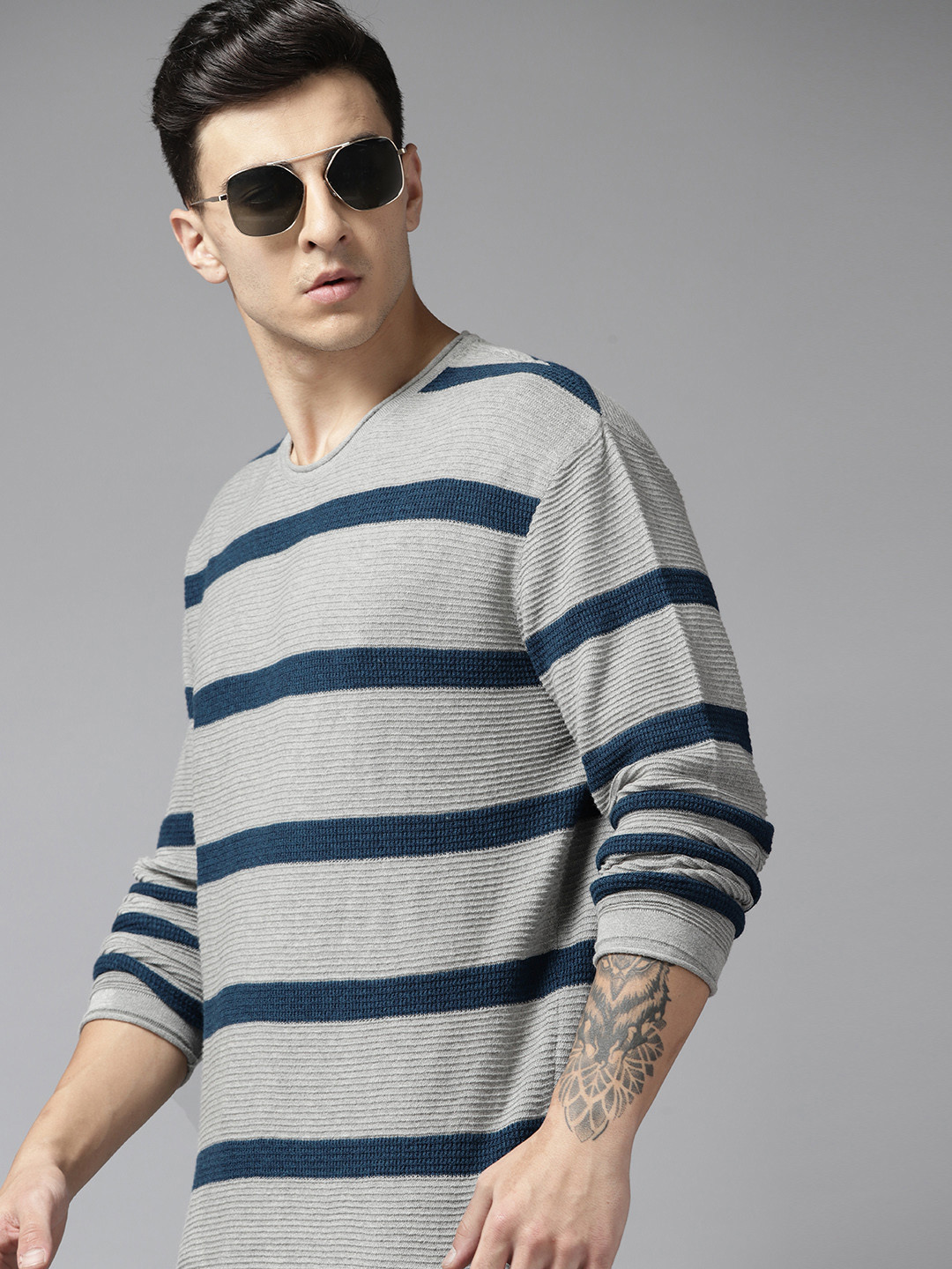 

Roadster Men Striped Cotton Pullover, Grey melange