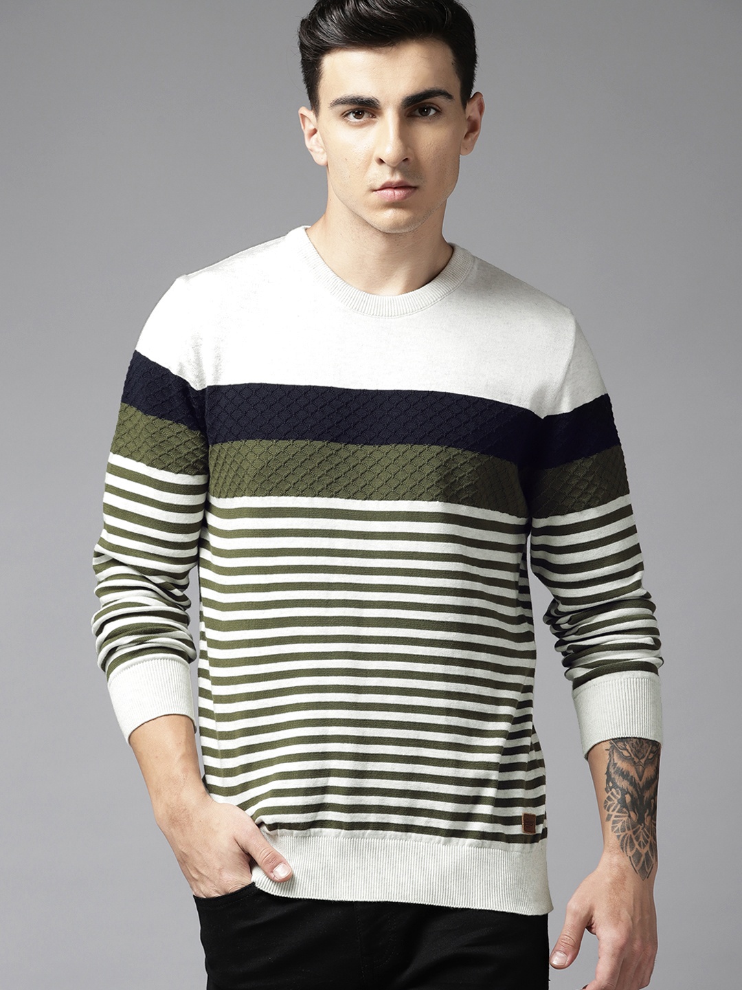 

Roadster Men Striped Cotton Pullover, White