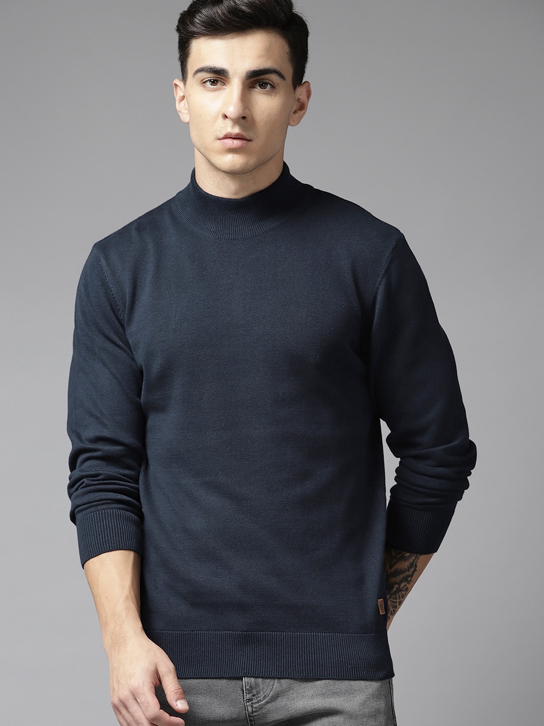 

Roadster Men High Neck Pure Cotton Pullover, Navy blue