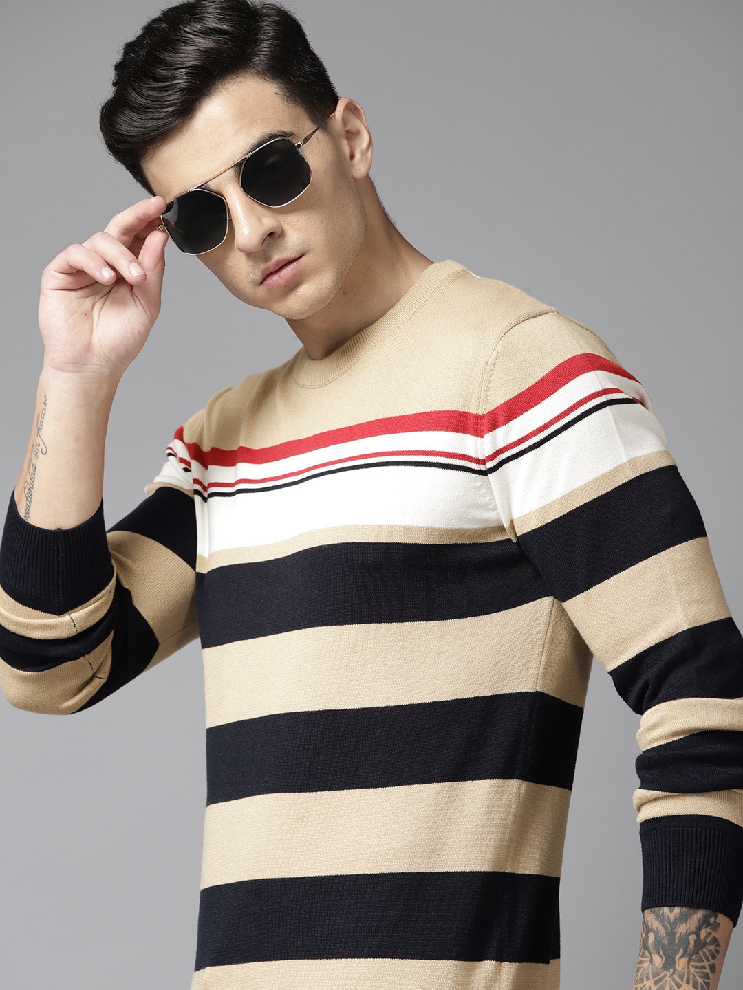 

Roadster Men Striped Pure Cotton Pullover, Beige