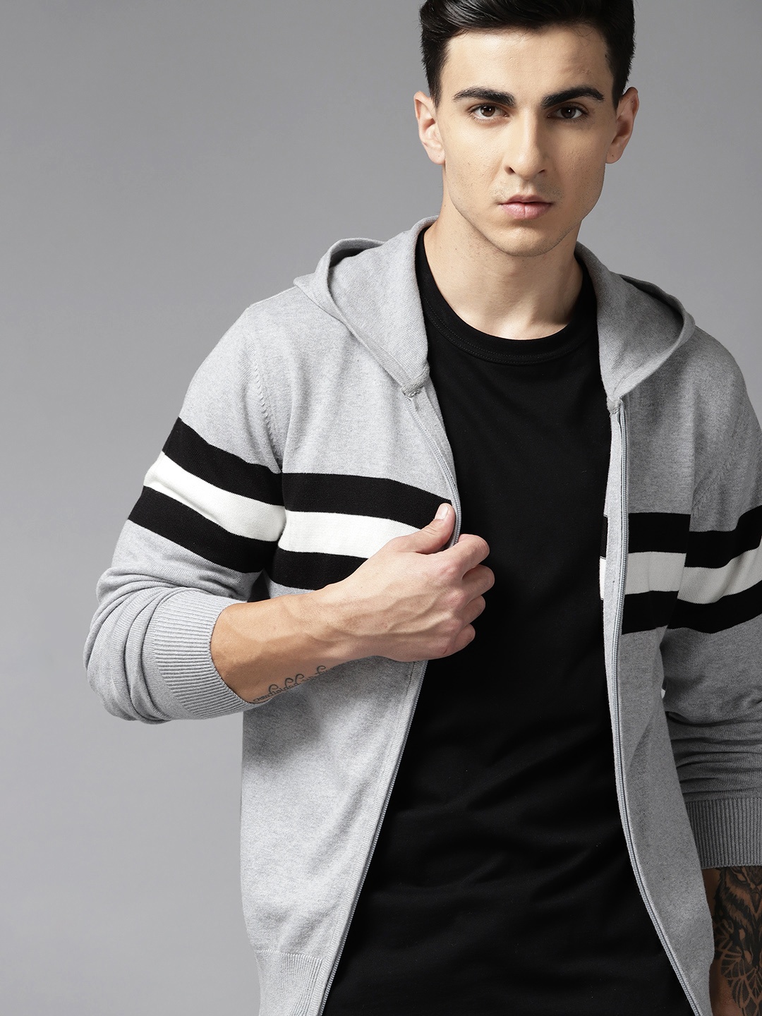 

Roadster Men Striped Pure Cotton Hooded Sweatshirt, Grey melange