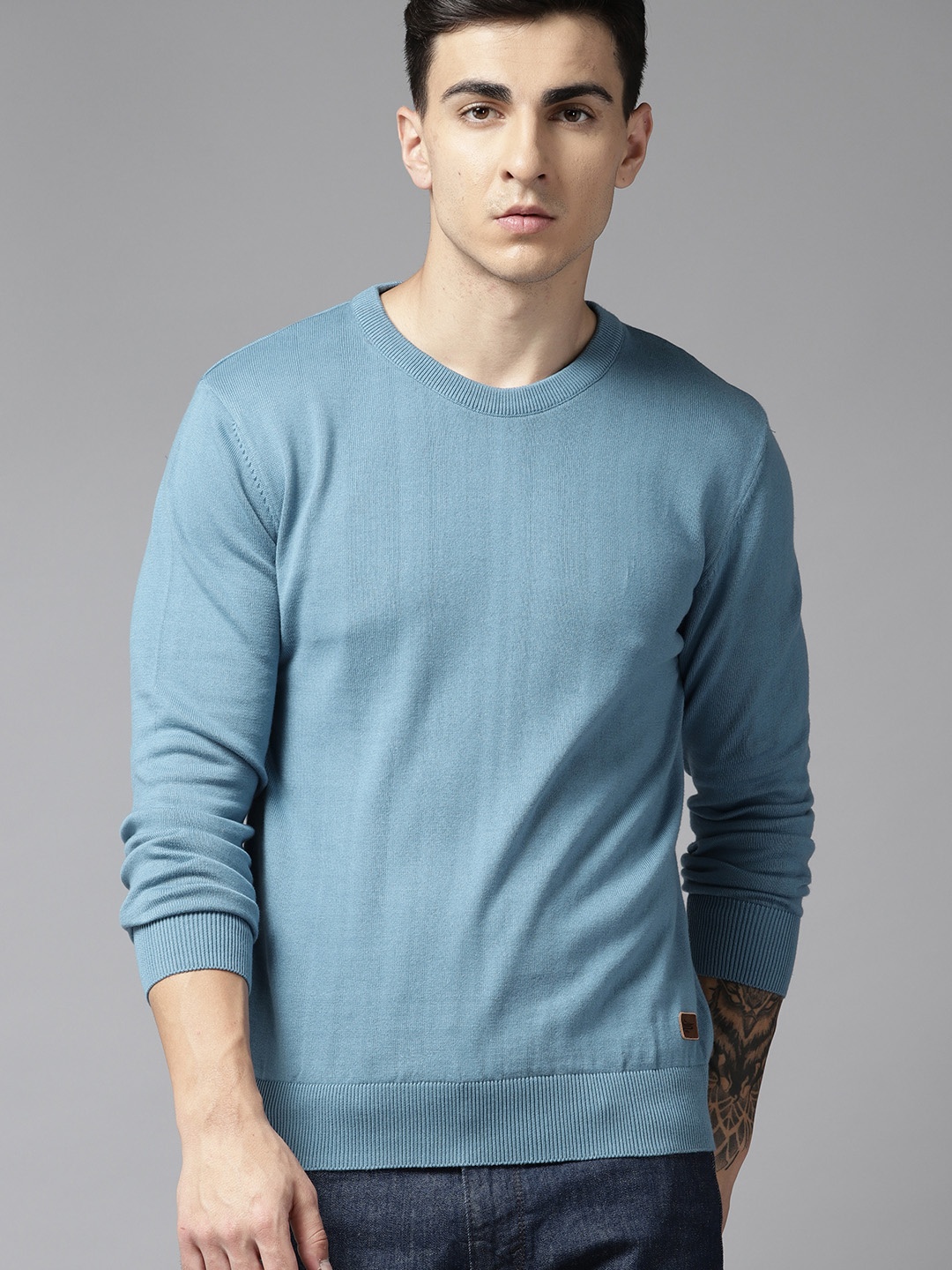 

Roadster Men Solid Cotton Pullover, Turquoise blue
