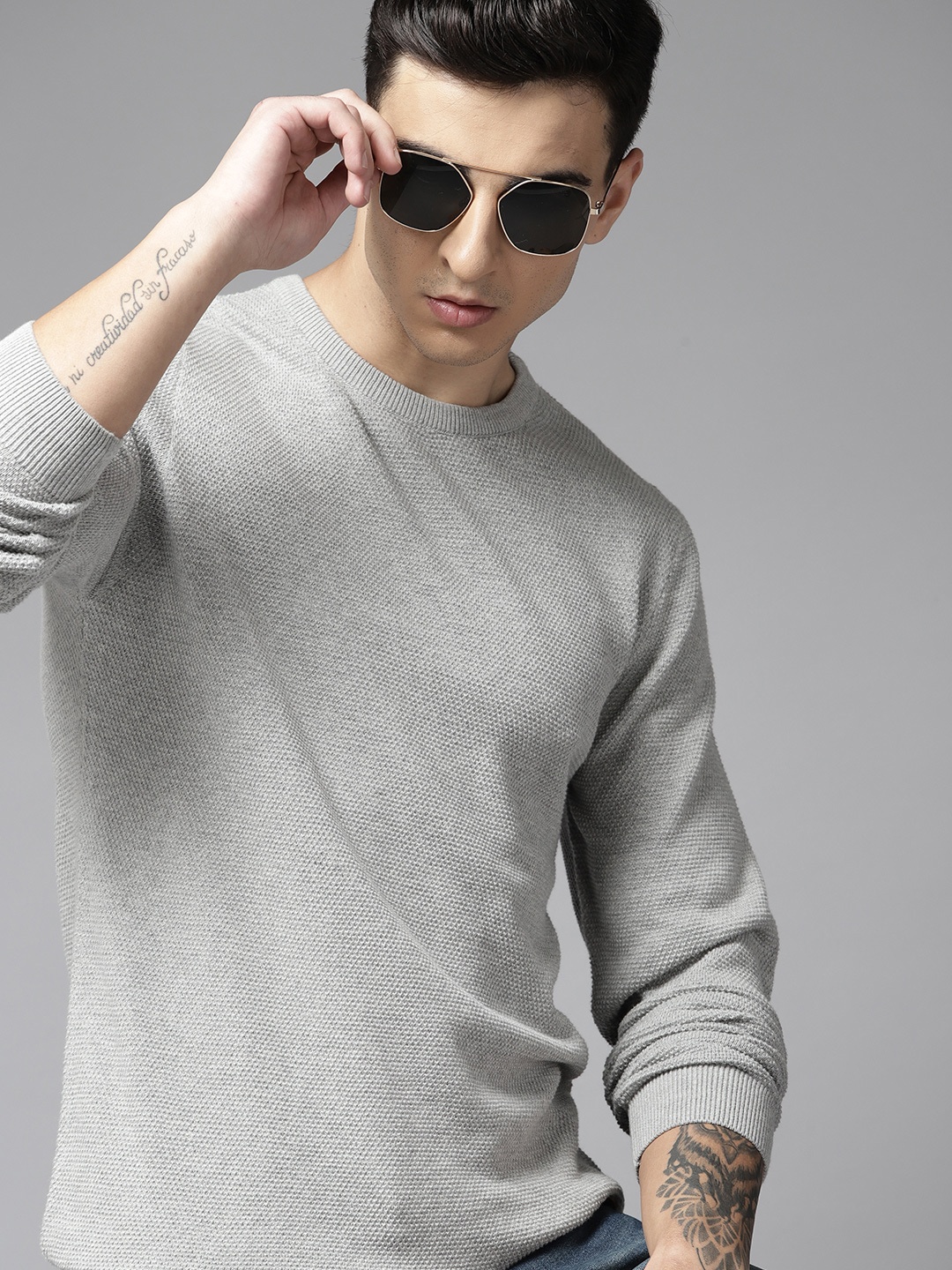 

Roadster Men Cotton Pullover, Grey melange