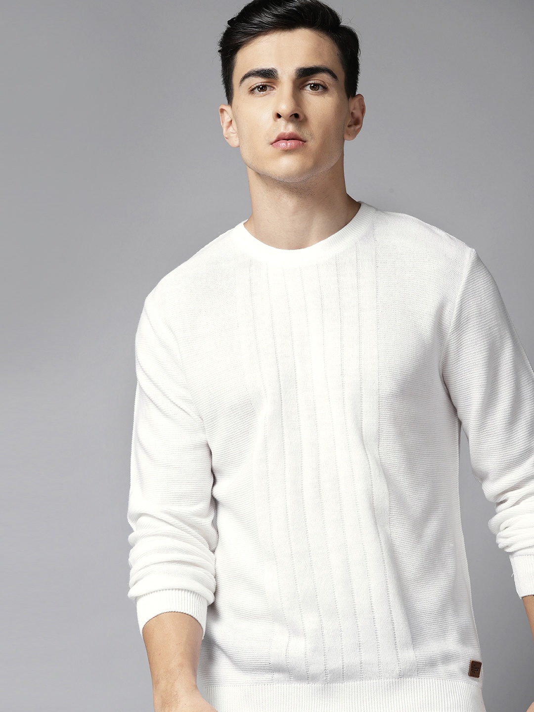 

Roadster Men Striped Self Design Acrylic Pullover, White
