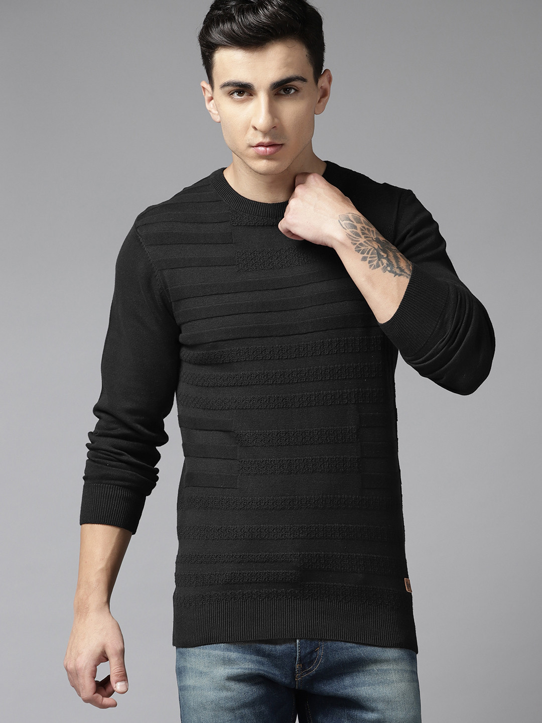 

Roadster Men Striped Self Design Pure Cotton Pullover, Black
