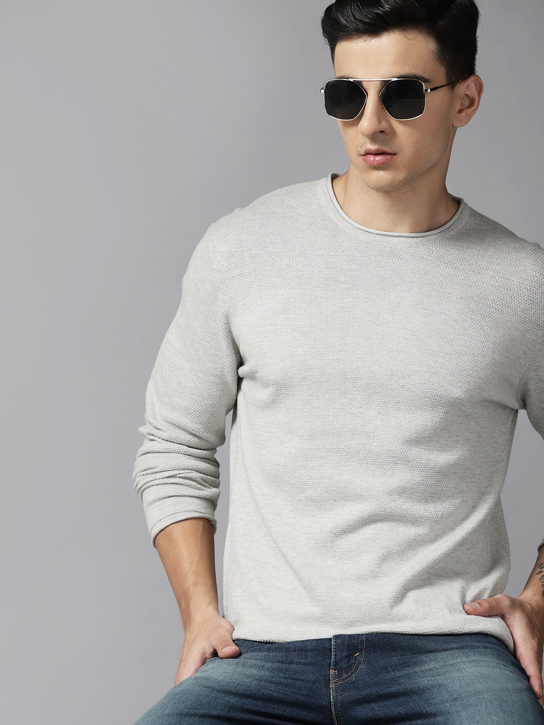 Roadster Men Pure Cotton Pullover, Grey