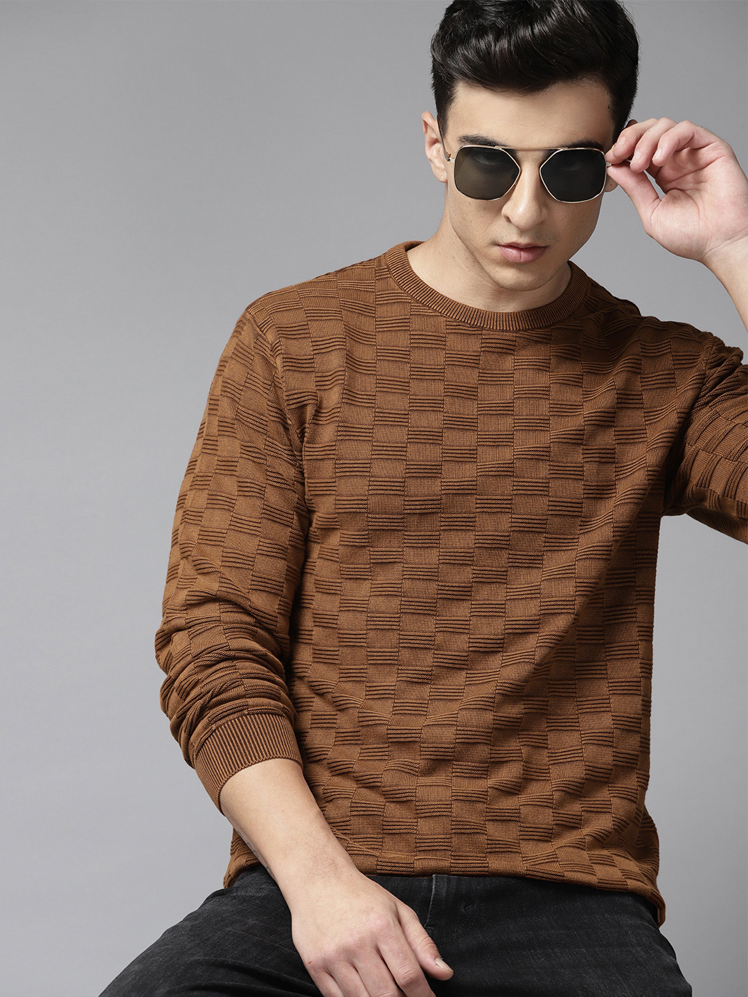 

Roadster Men Self Design Pure Cotton Pullover, Brown