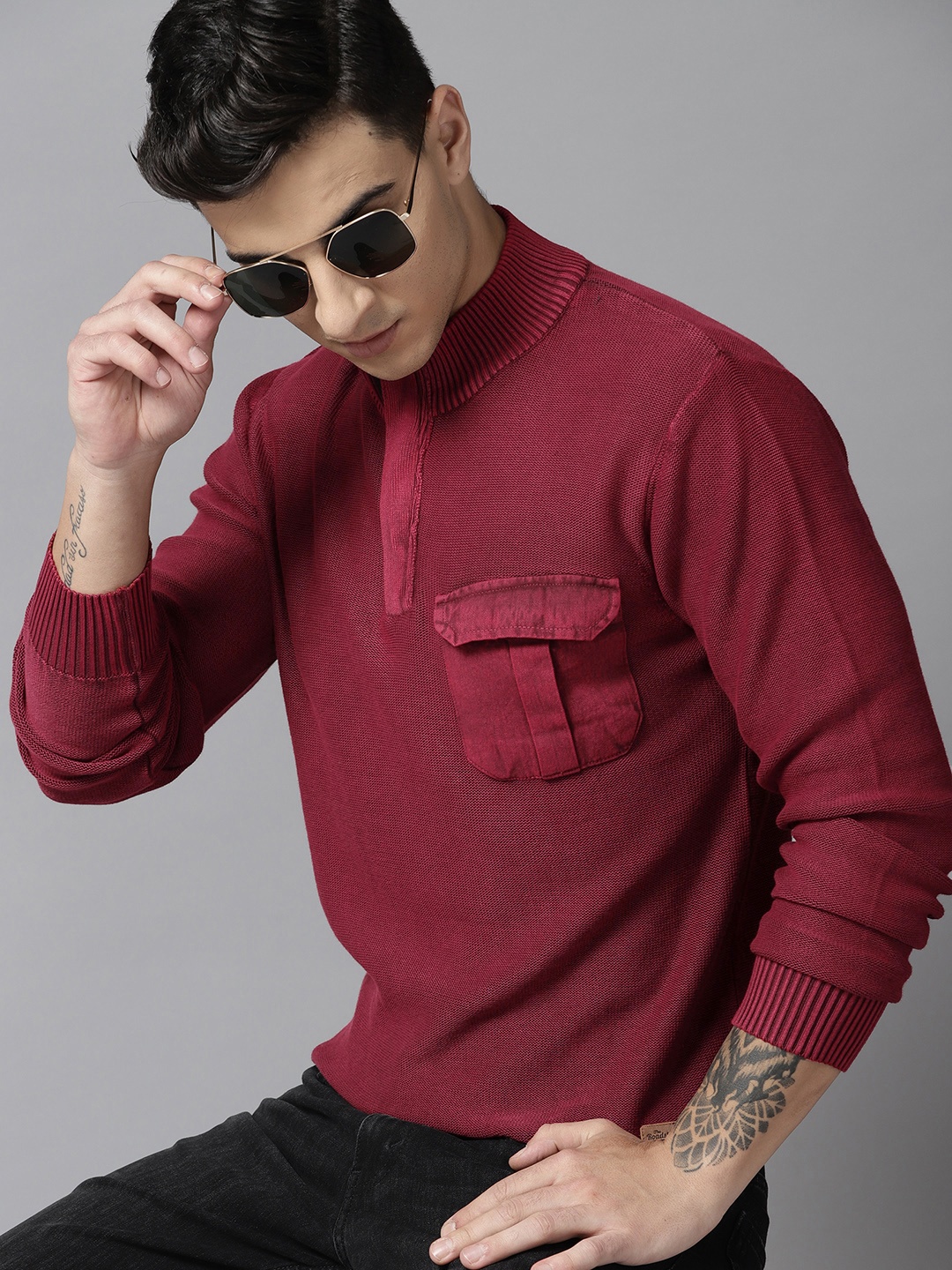 

Roadster Men Pure Cotton Pullover, Maroon
