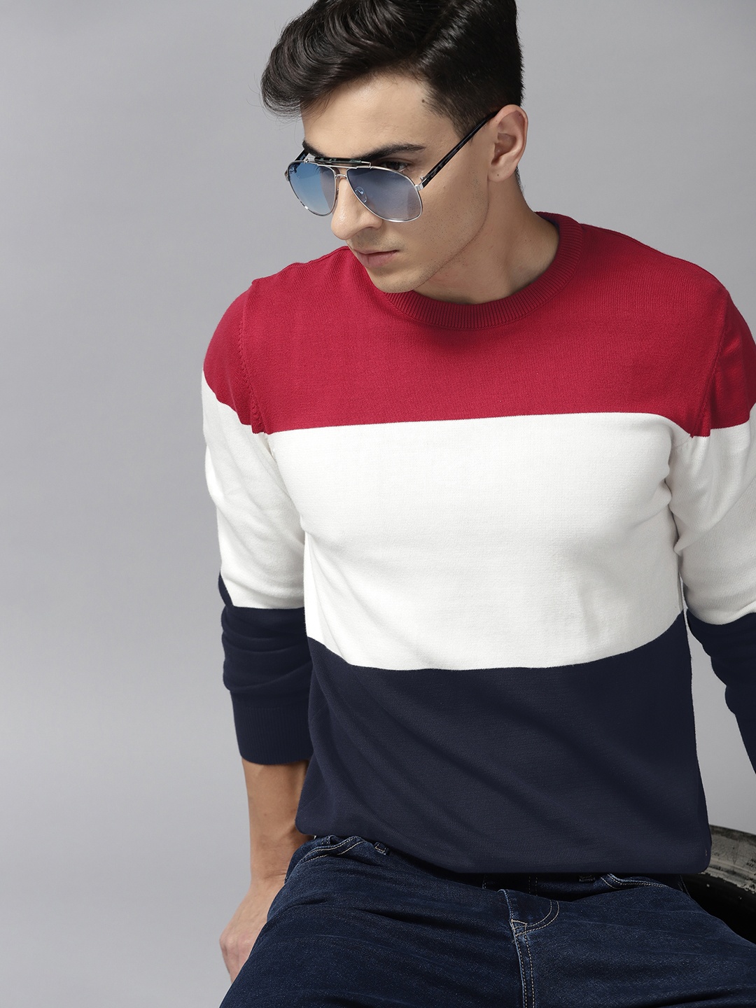 Roadster Men Colourblocked Pure Cotton Pullover, Red