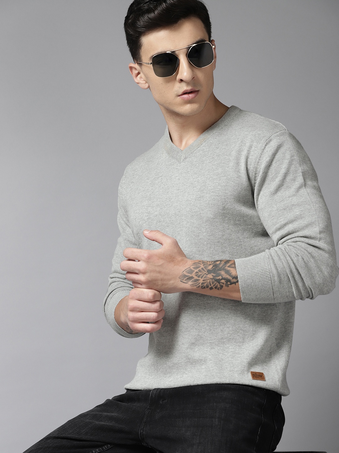 

Roadster Men Pure Cotton Pullover, Grey melange