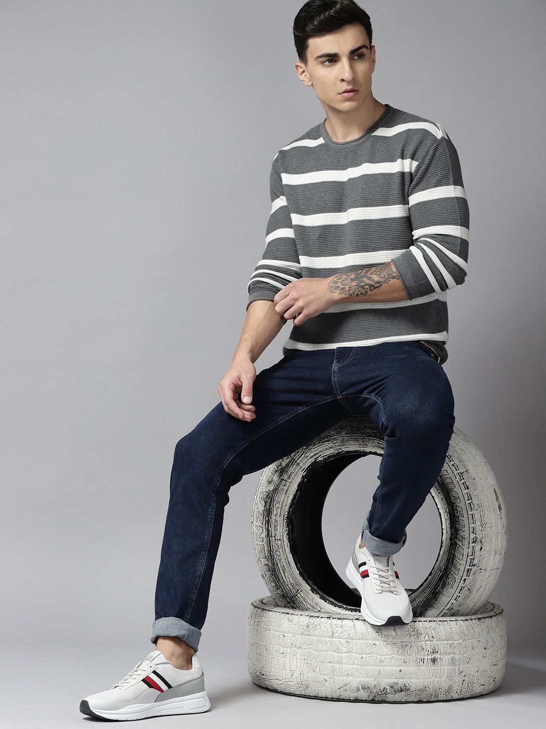 

Roadster Men Striped Pure Cotton Pullover, Grey