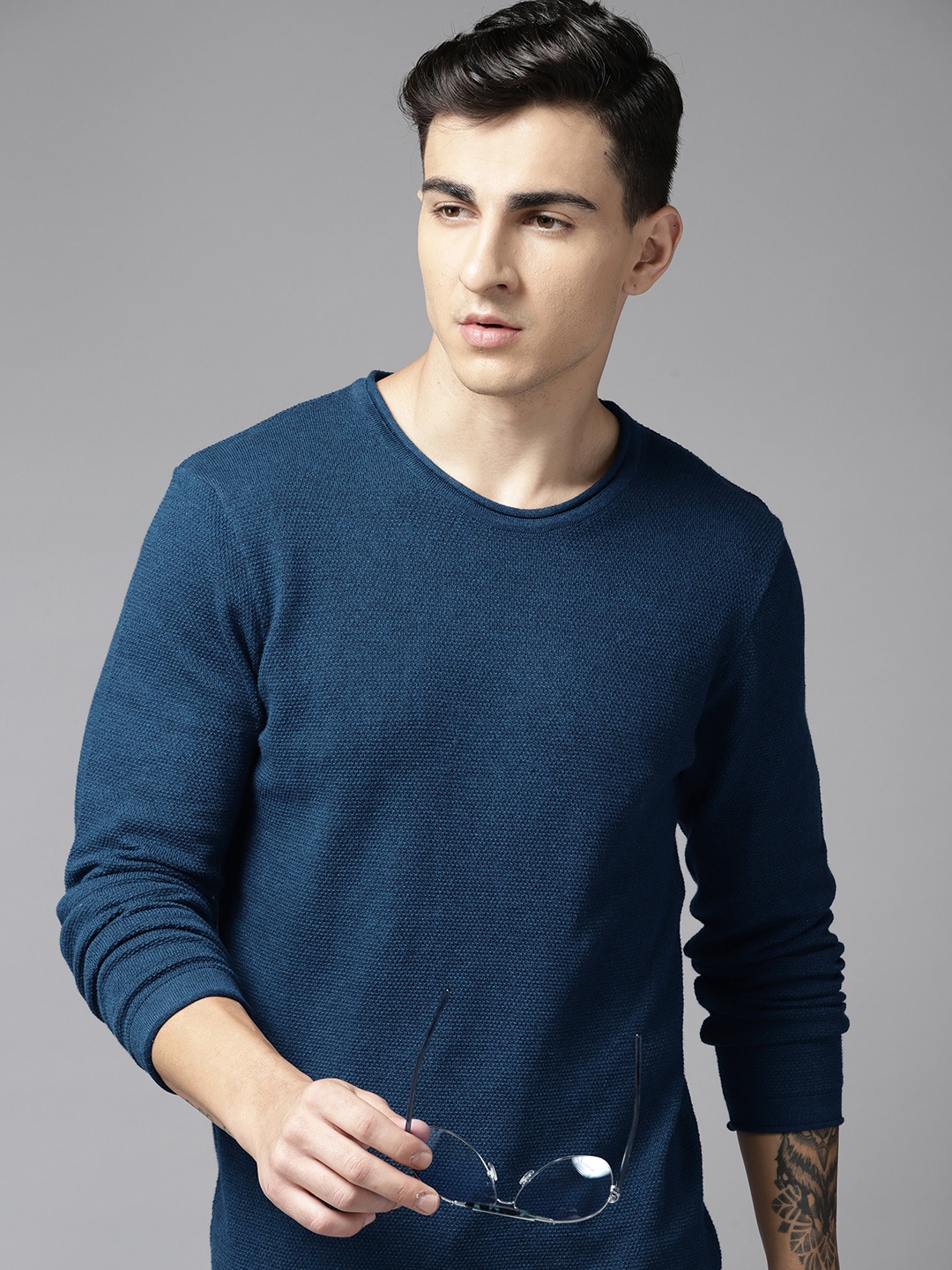 

Roadster Men Self Design Pure Cotton Pullover, Navy blue