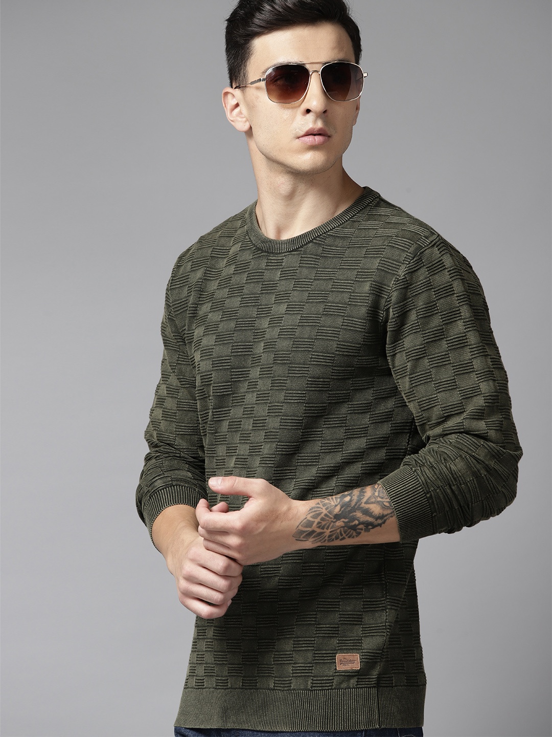

Roadster Men Self Design Pure Cotton Pullover, Olive