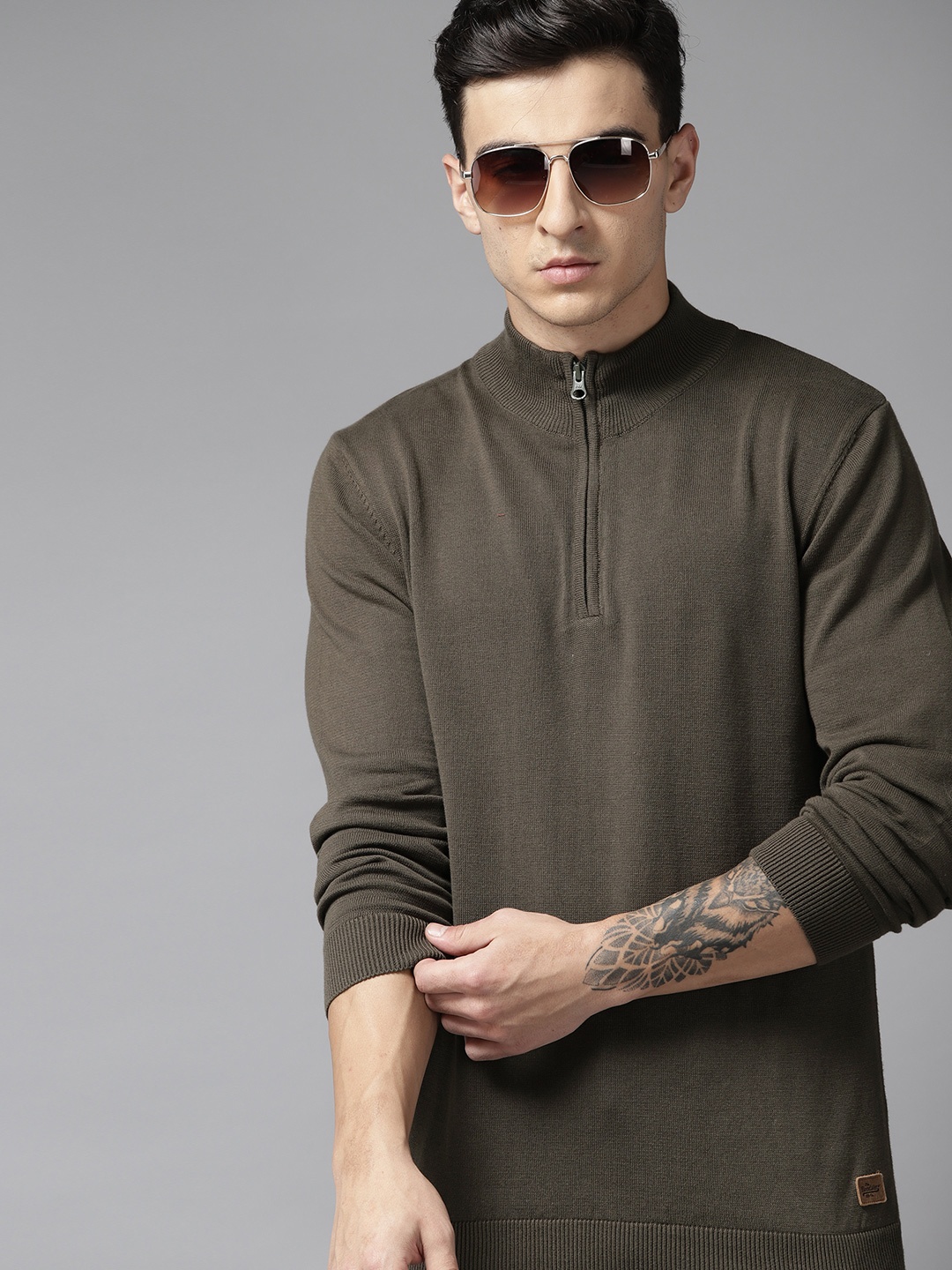 

Roadster Men High Neck Pure Cotton Pullover, Olive