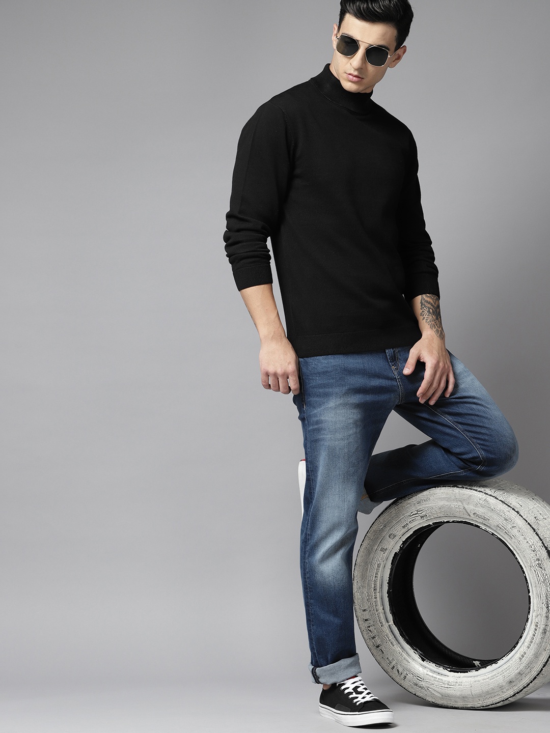 Roadster Men High Neck Pure Cotton Pullover, Black