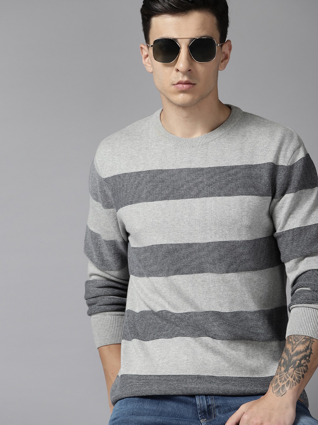 

Roadster Men Striped Pure Cotton Pullover, Grey melange