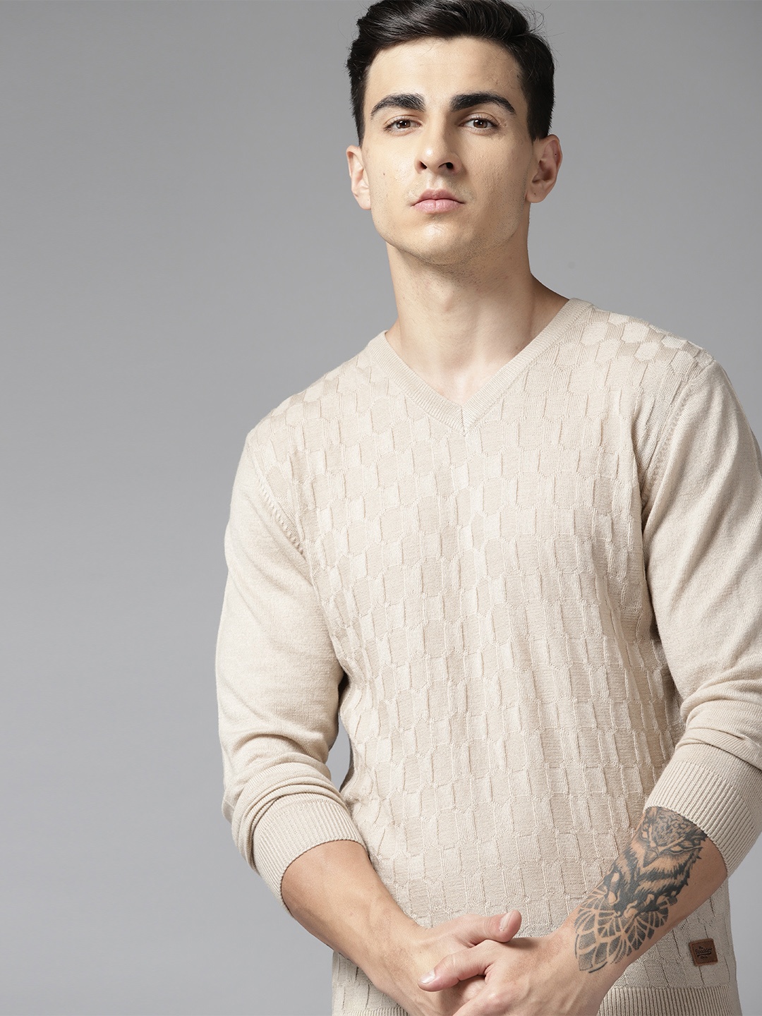

Roadster Men Self Design Acrylic Pullover, Beige