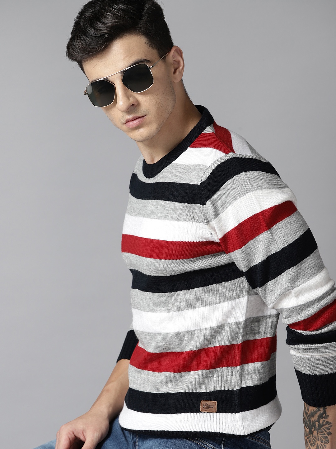 

Roadster Men Striped Acrylic Pullover, Grey