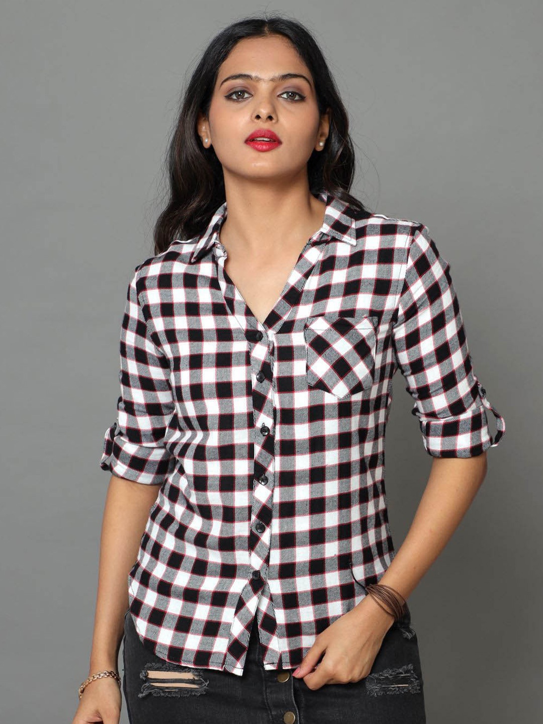 

Tallwalker Standard Tartan Checked Roll-Up Sleeves Casual Shirt, Black