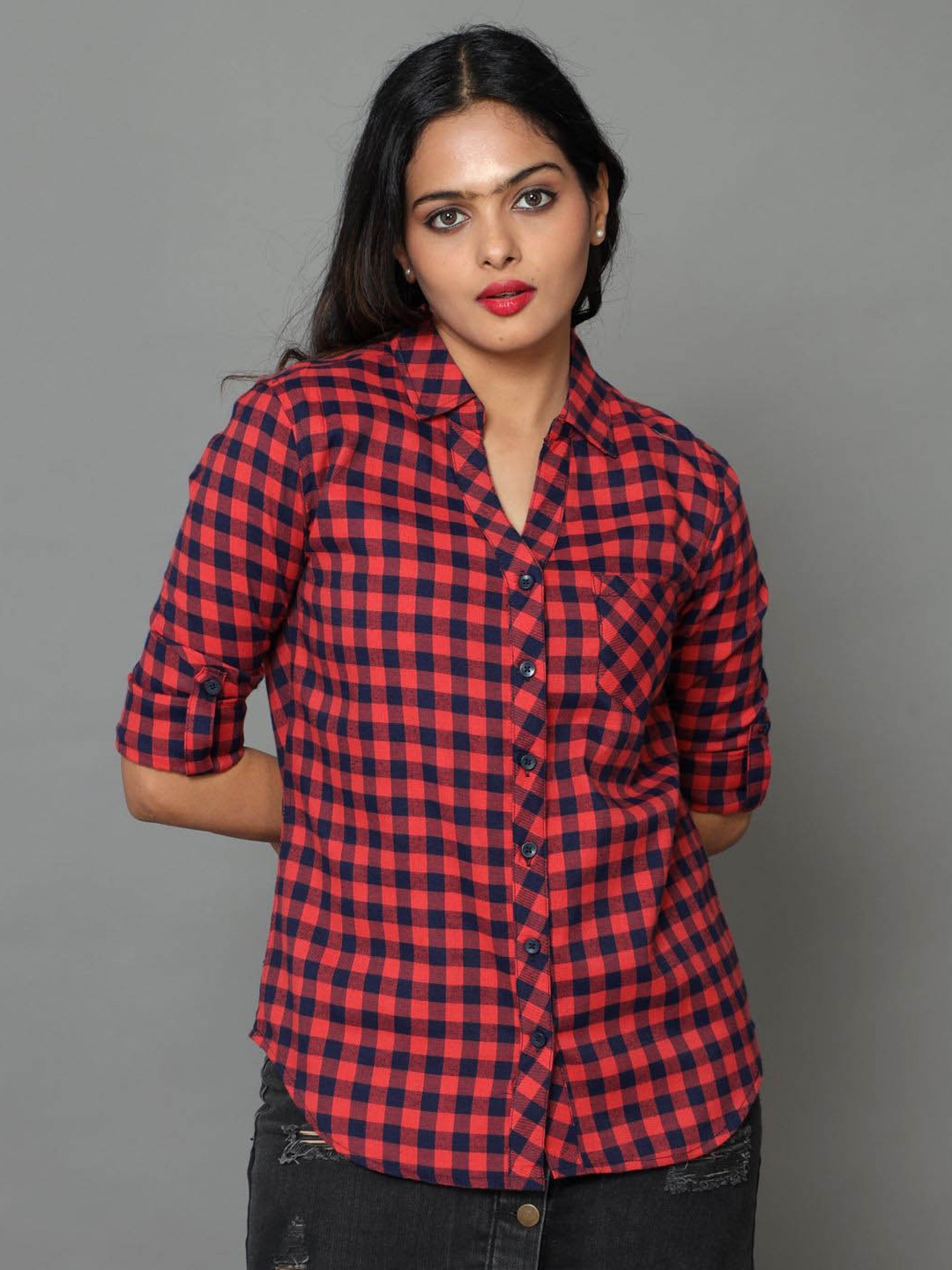 

Tallwalker Gingham Checks Checked Roll-Up Sleeves Standard Casual Shirt, Red