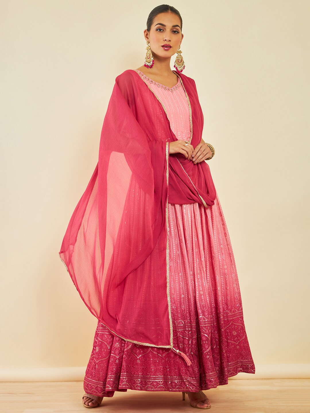 Soch Floral Embroidered Sequinned Anarkali Kurta With Trousers & Dupatta, Coral
