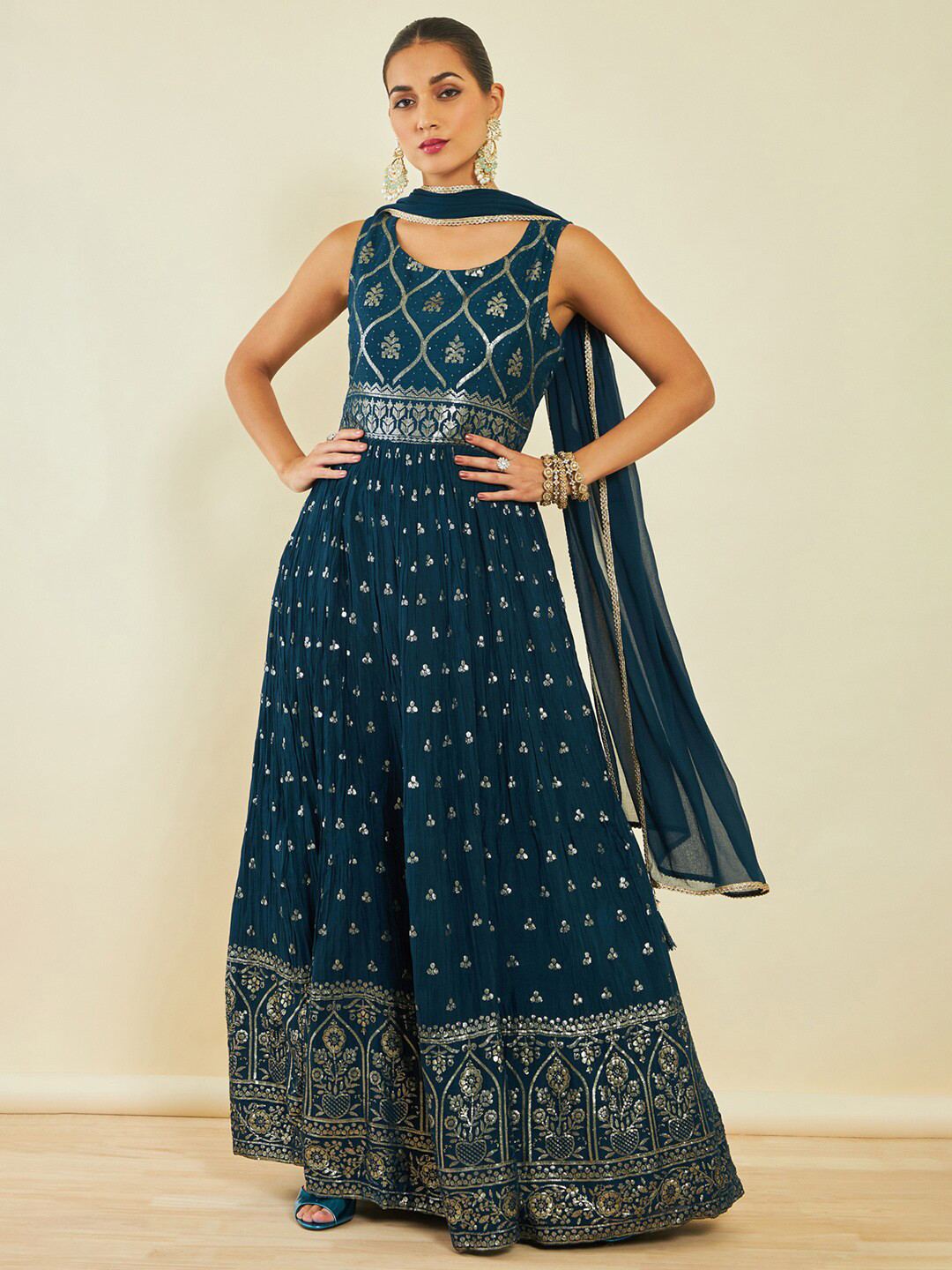

Soch Navy Blue Floral Printed Gotta Patti Anarkali Kurta With Churidar & Dupatta