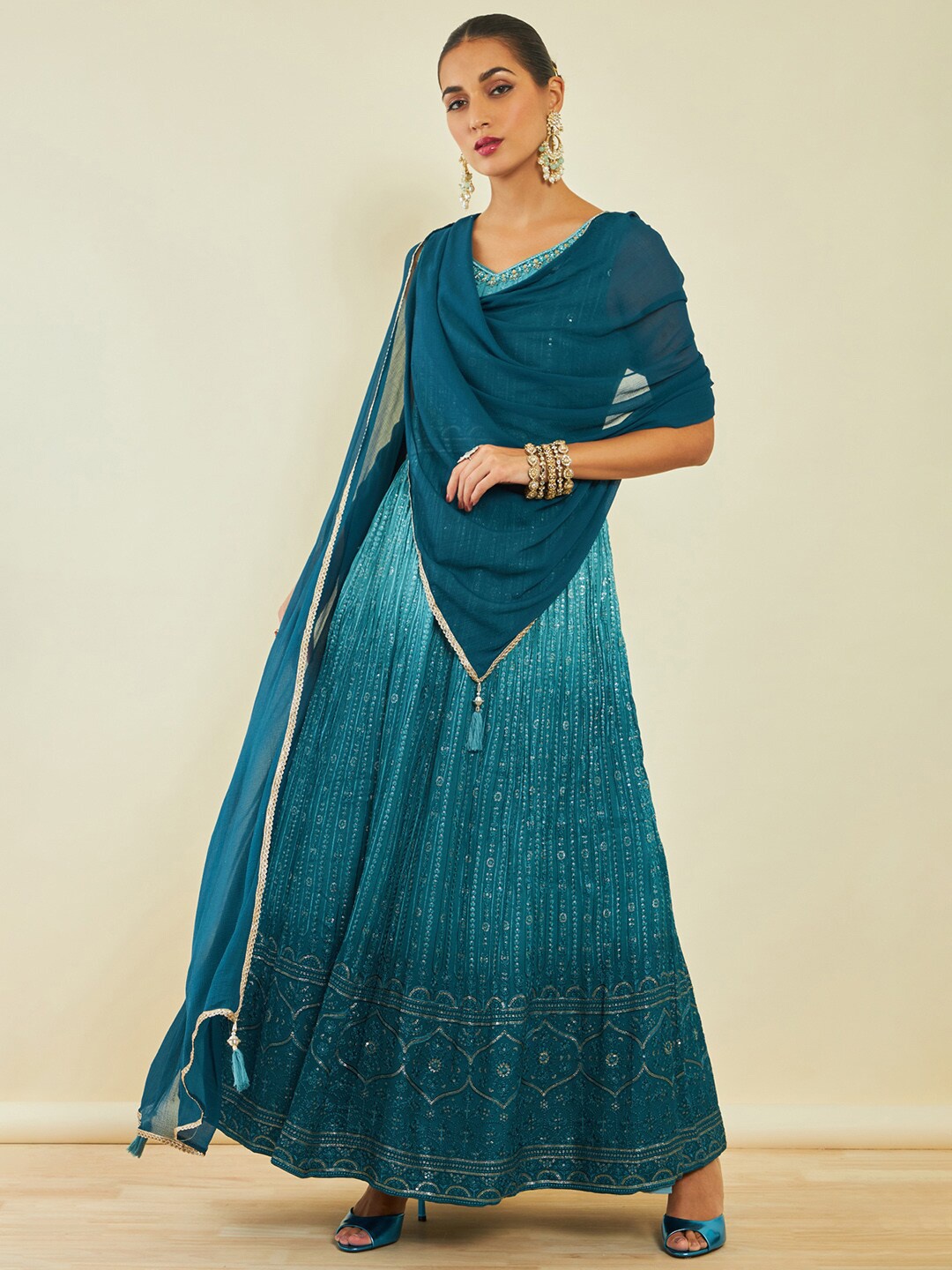 

Soch Turquoise Blue Floral Embroidered Sequinned Anarkali Kurta With Churidar & Dupatta