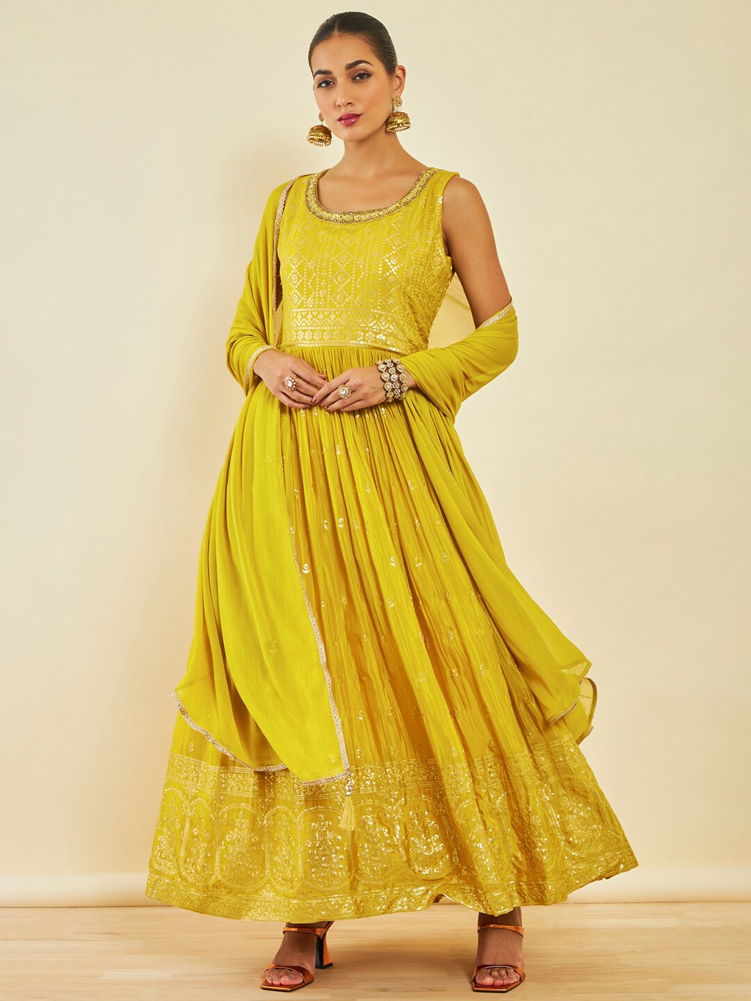 

Soch Embroidered Pleated Zari Kurta with Churidar & Dupatta, Mustard