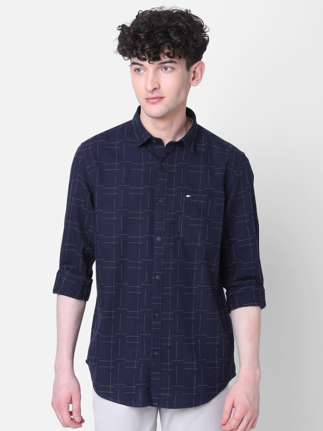

MOZZO Classic Regular Fit Geometric Printed Spread Collar Casual Shirt, Navy blue