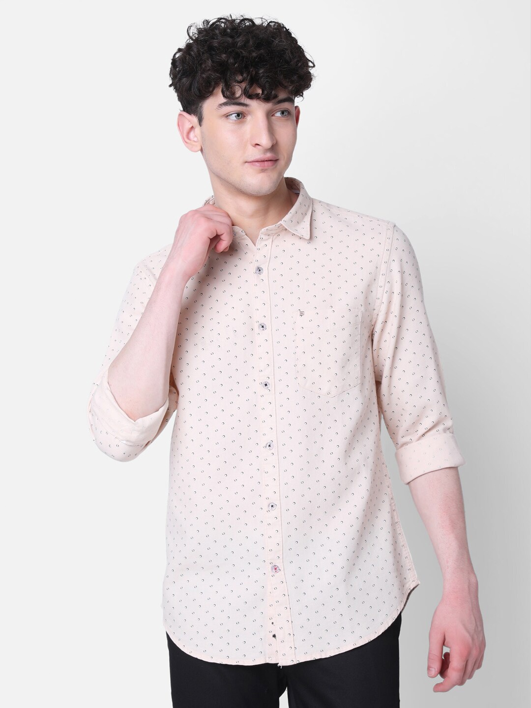 

MOZZO Classic Regular Fit Micro Ditsy Printed Spread Collar Casual Shirt, Beige