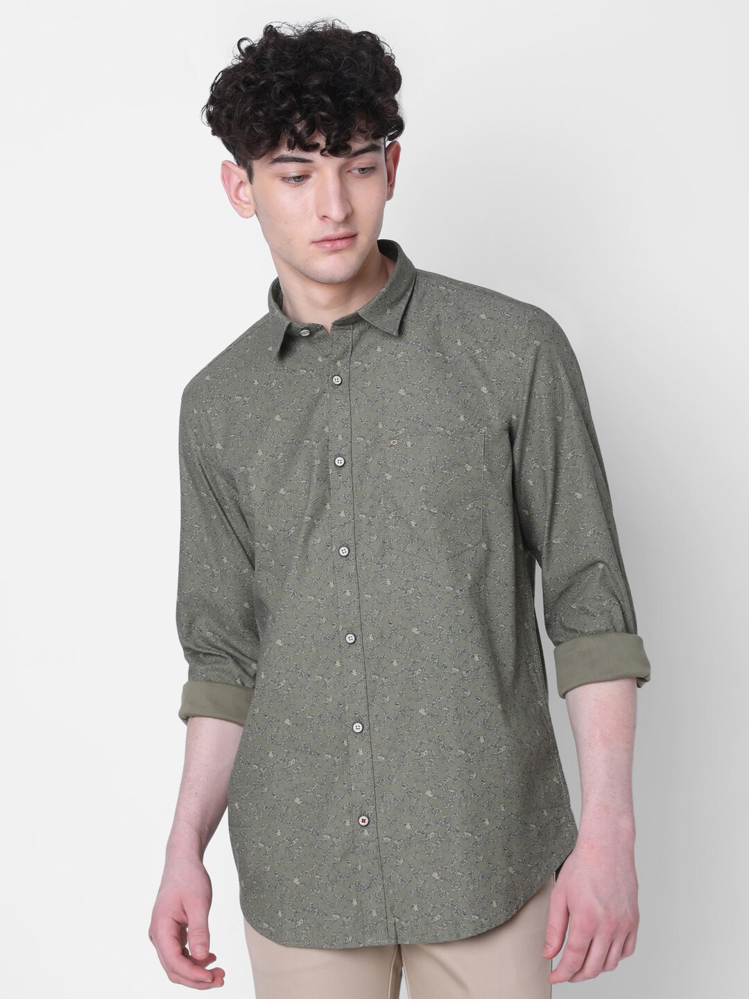 

MOZZO Classic Abstract Printed Slim Fit Cotton Casual Shirt, Olive