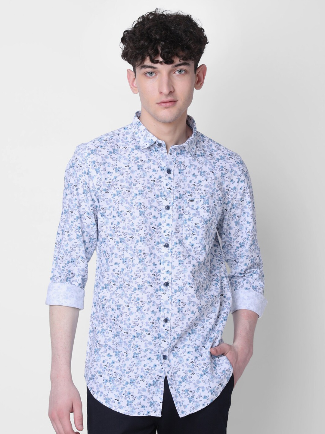 

MOZZO Classic Slim Fit Micro Ditsy Printed Cotton Casual Shirt, Blue