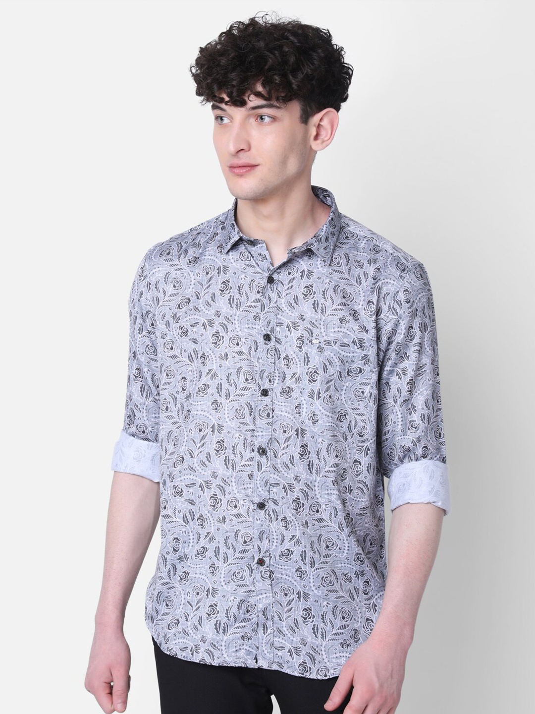 

MOZZO Classic Slim Fit Floral Printed Cotton Casual Shirt, Grey