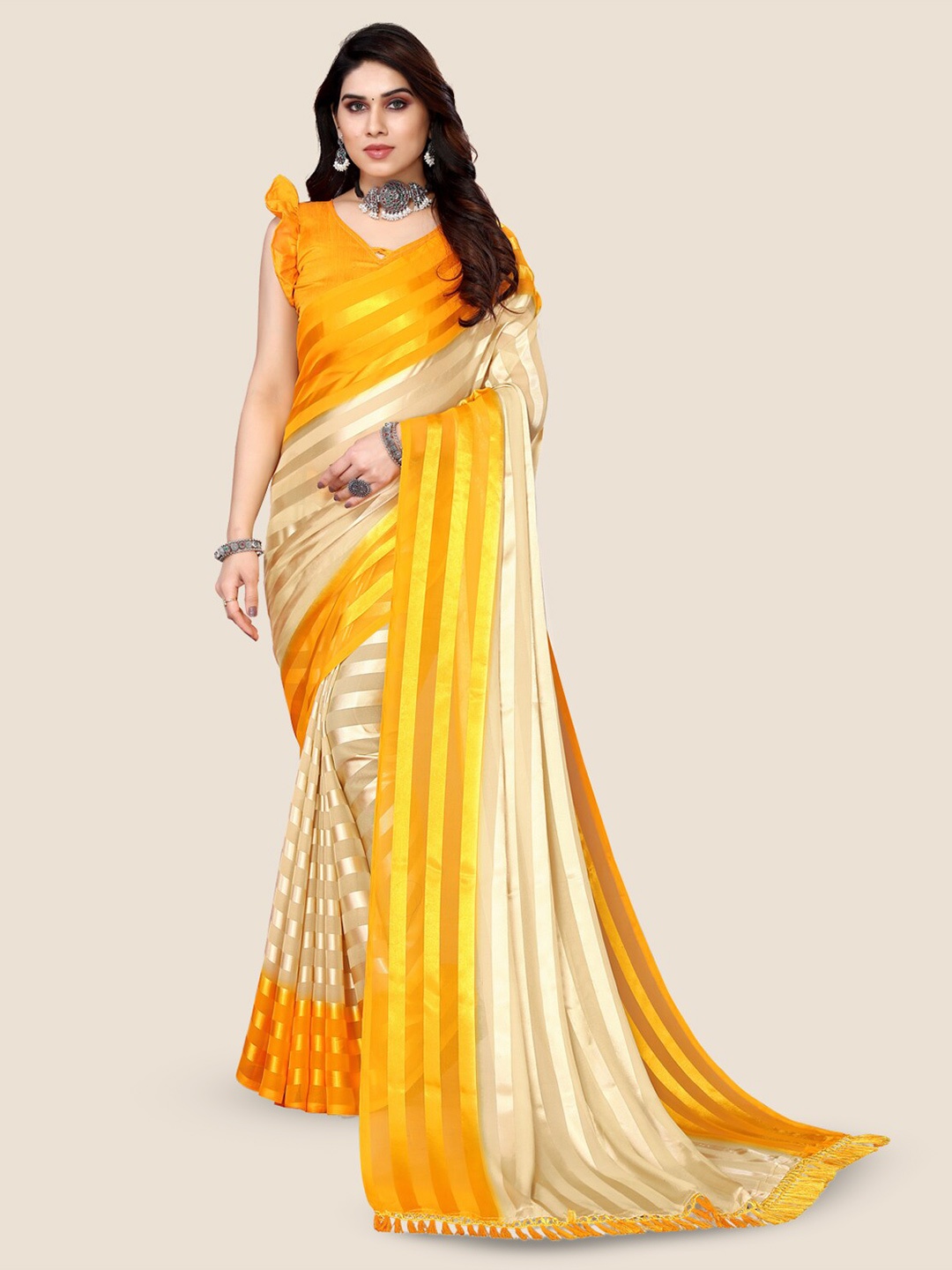 

ANAND SAREES Striped Satin Saree, Yellow
