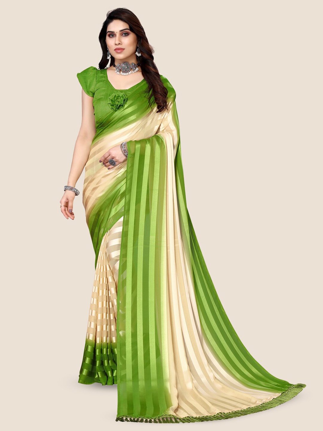 

ANAND SAREES Striped Satin Saree, Green