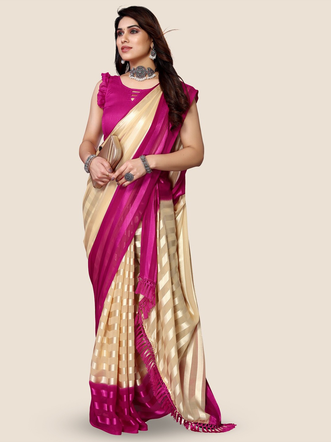 

ANAND SAREES Striped Satin Saree, Purple