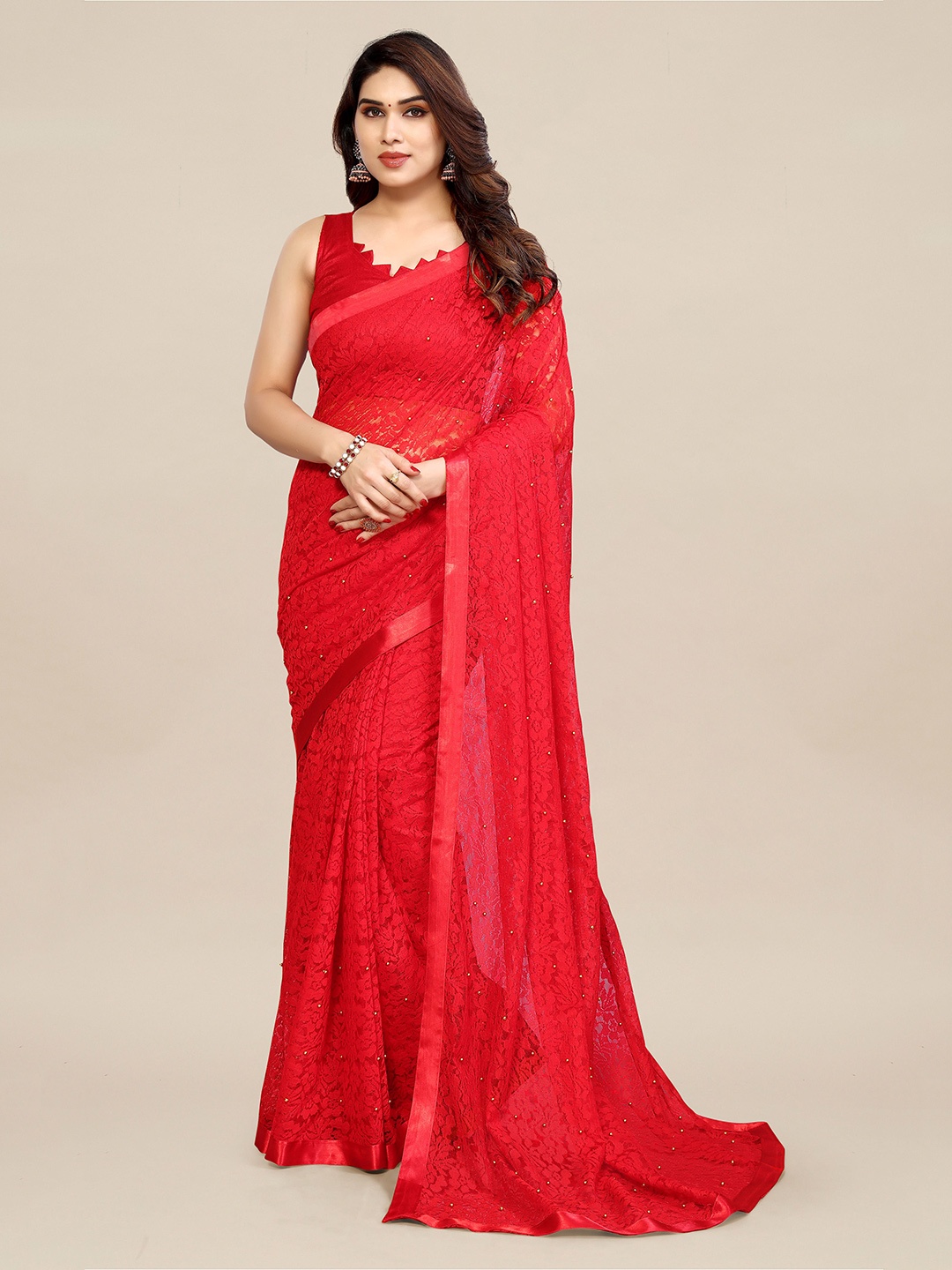 

ANAND SAREES Embellished Net Saree, Red