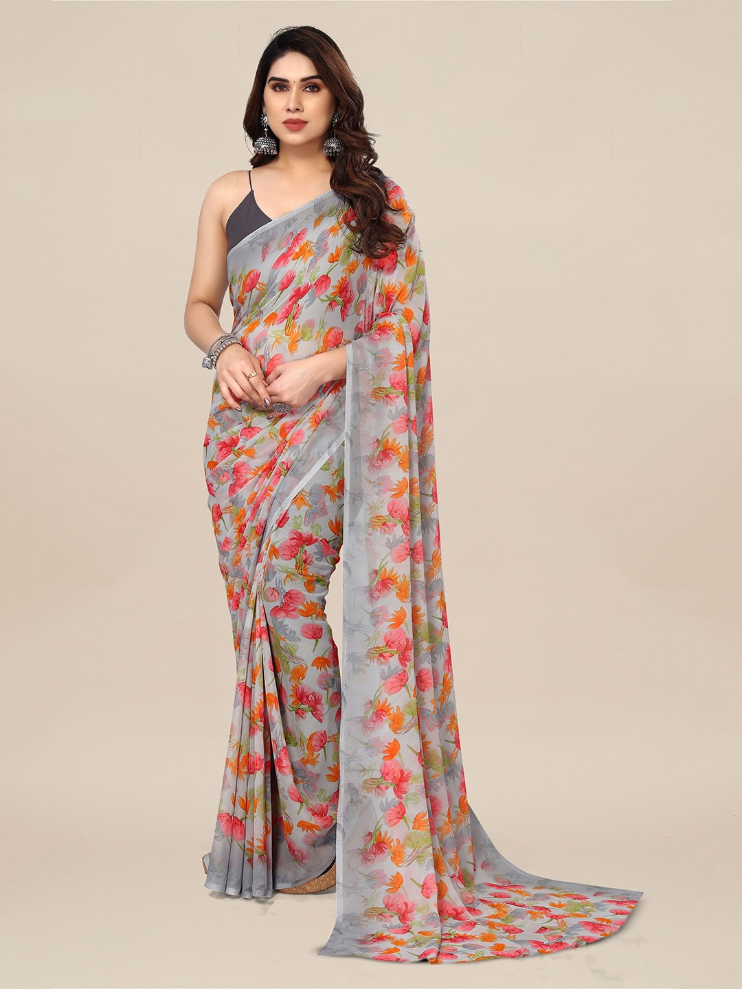 

ANAND SAREES Floral Printed Pure Georgette Saree, Grey