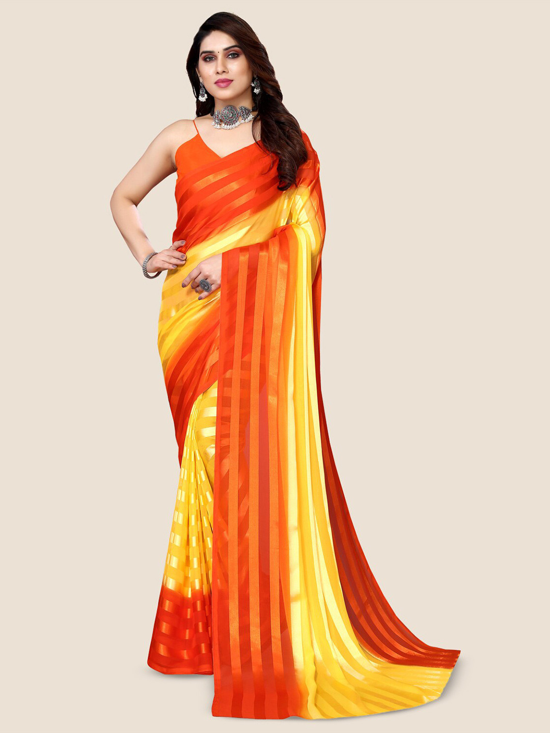 

Moda Rapido Striped Satin Saree, Orange