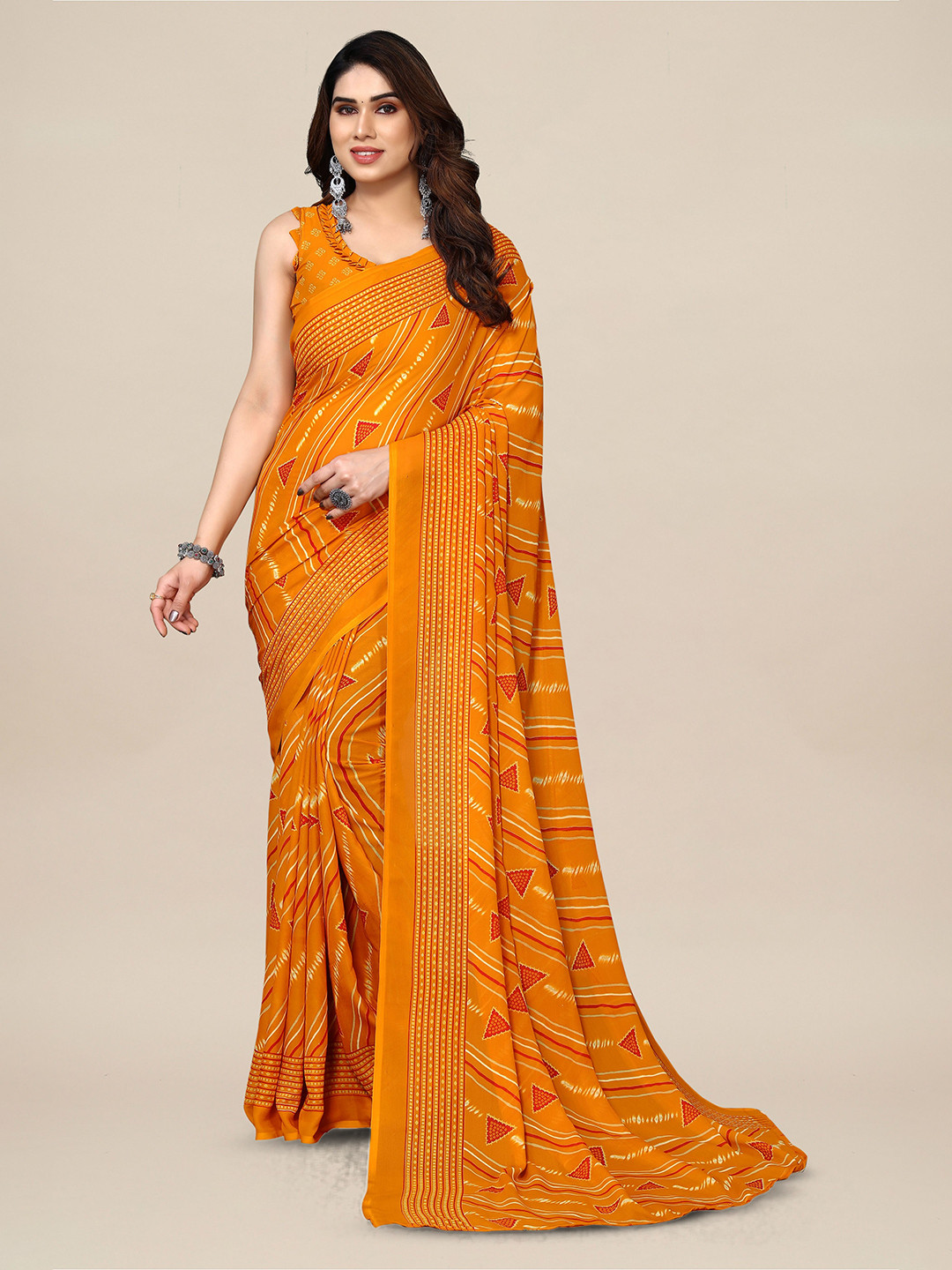 

ANAND SAREES Geometric Printed Pure Georgette Saree, Orange